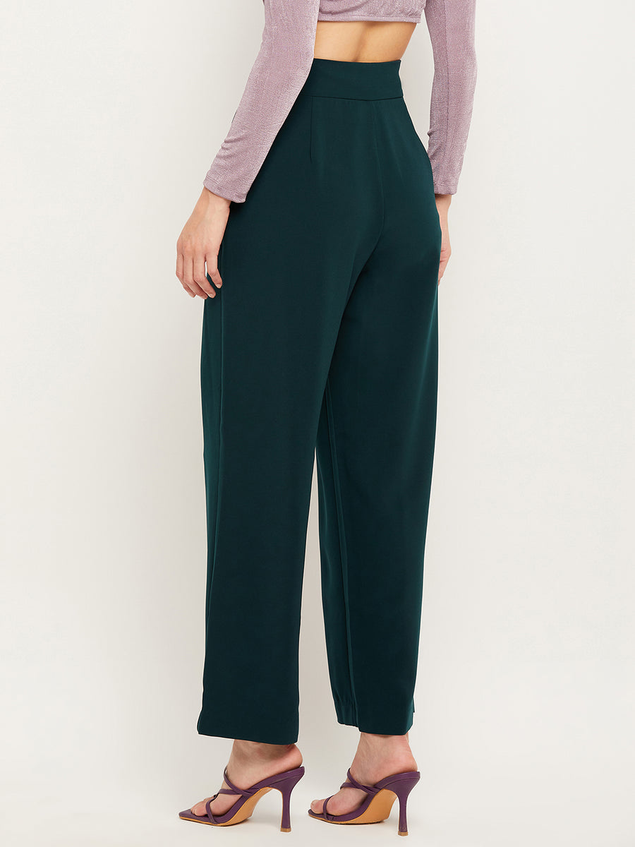 Camla Barcelona Pleated Wide Leg Bottle Green Trousers For Women