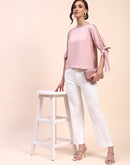 Camla Barcelona Tie Detailed Crew Neck Solid Peach Top