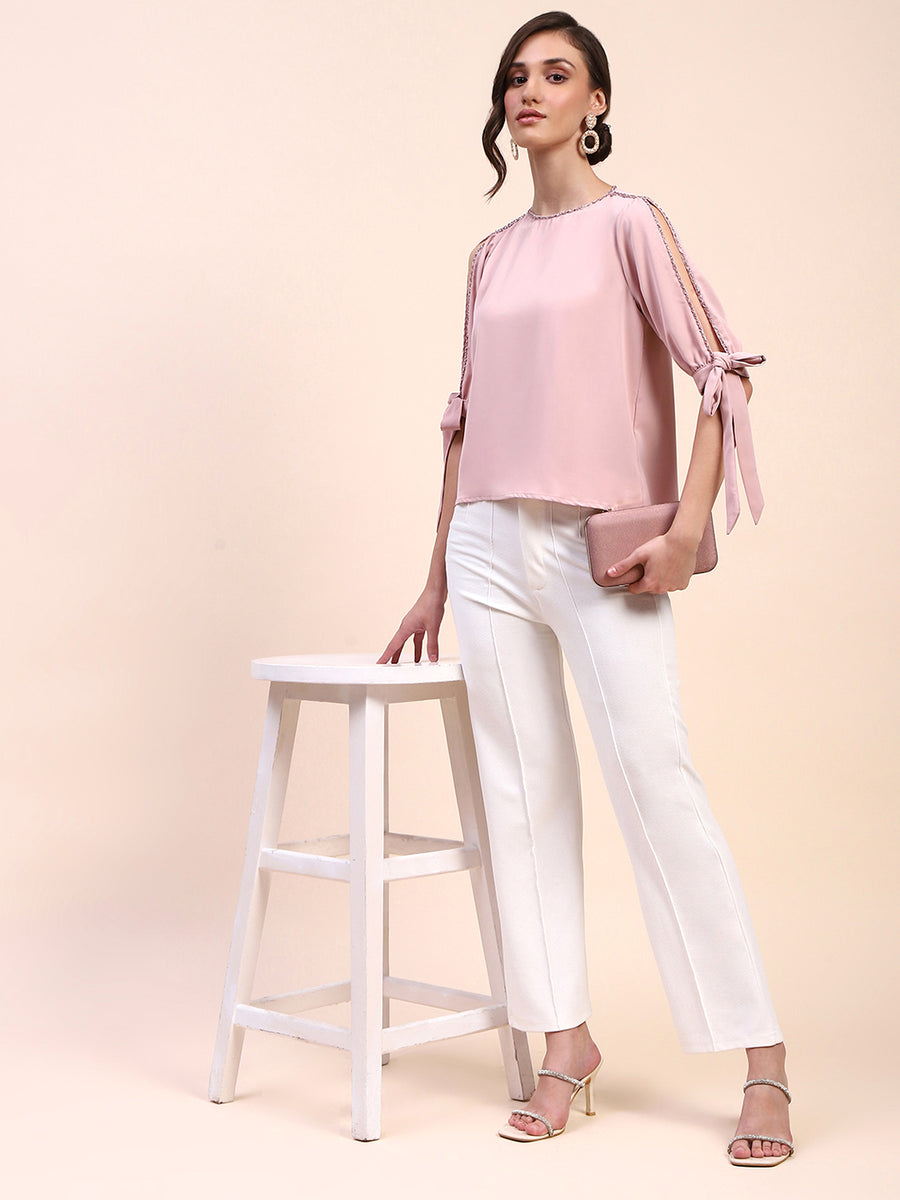 Camla Barcelona Tie Detailed Crew Neck Solid Peach Top