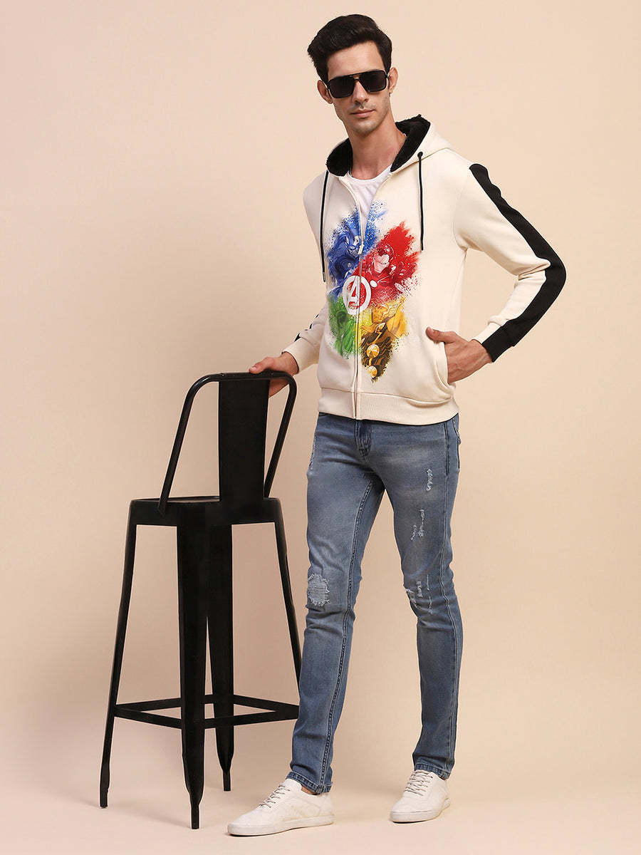 Camla Barcelona Avengers Graphic Printed Zipped Off White Sweatshirt