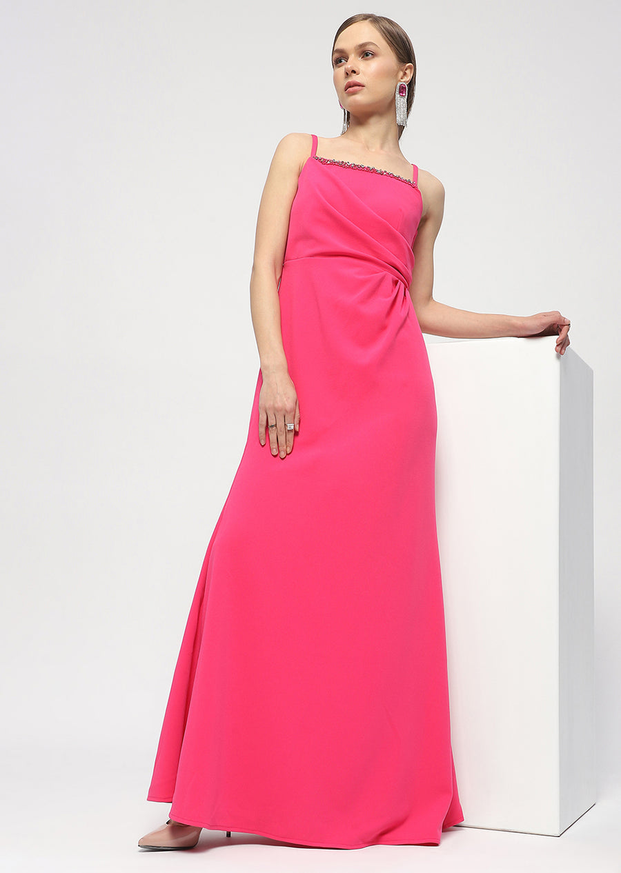 Madame Embellished Square Neck Hot Pink Maxi Dress