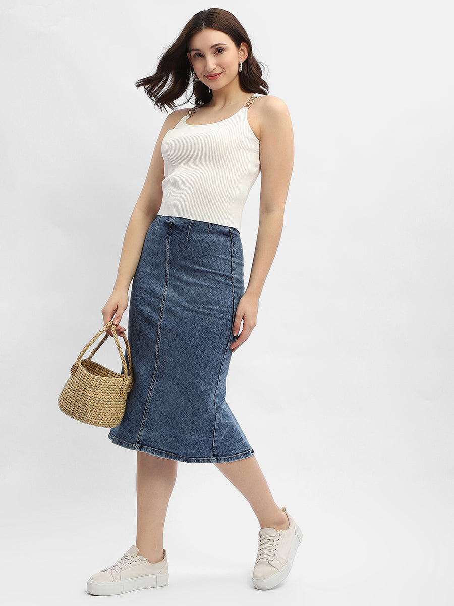 Madame Solid Mid Blue Pencil Skirt