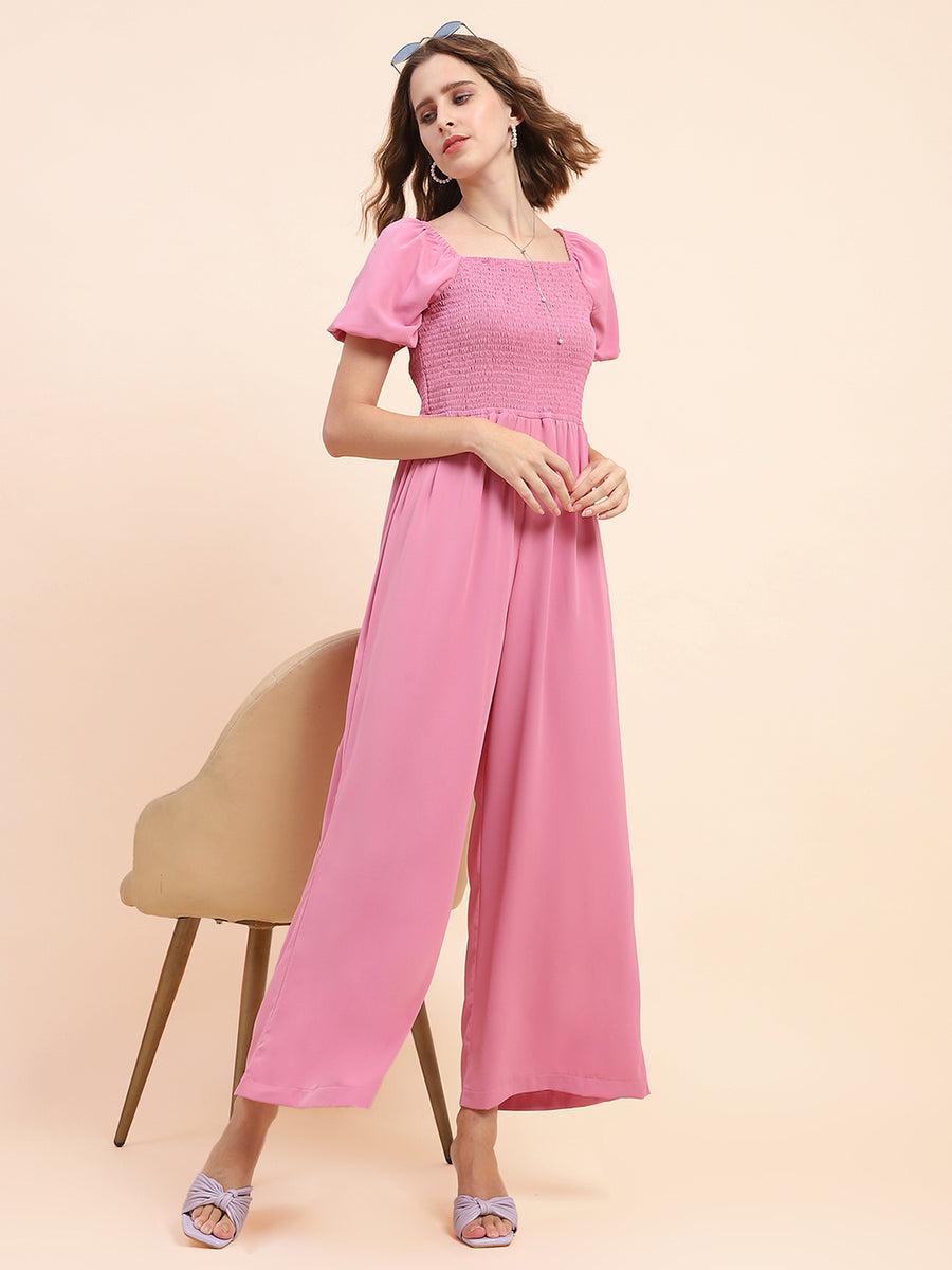 Camla Barcelona Puff Sleeve Mauve Smocked Jumpsuit