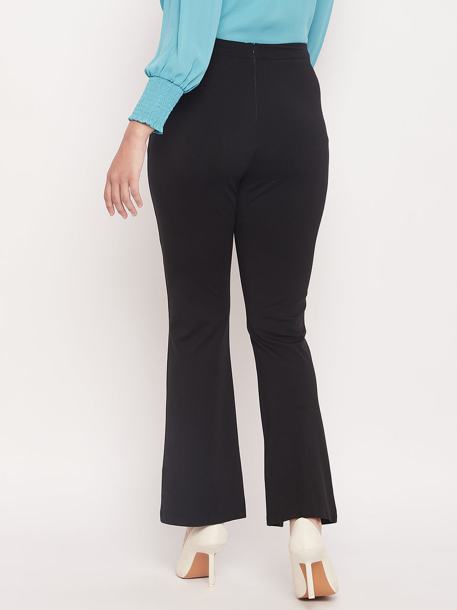 Madame Solid Black Flared Front  Slit Trousers