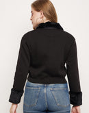 Madame Black Faux Fur Collared Crop Sweatshirt