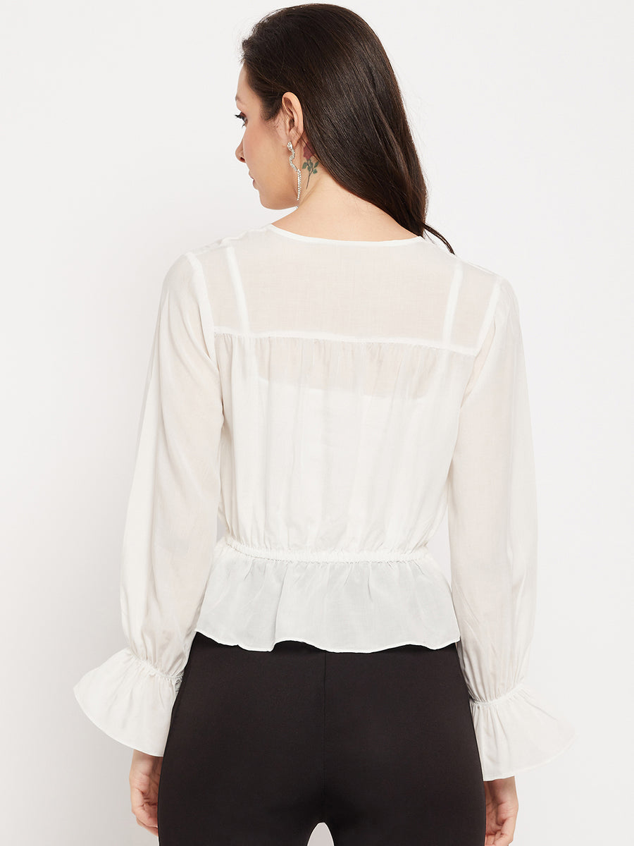 Camla Barcelona White Knot Detailed Bishop Sleeves Top