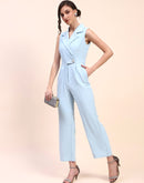 Camla Barcelona Notch Lapel Gurkha Belted Sky Blue Jumpsuit