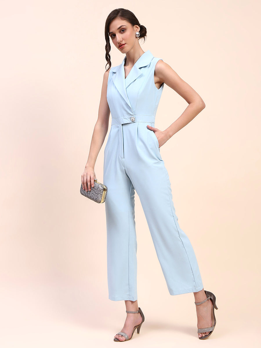 Camla Barcelona Notch Lapel Gurkha Belted Sky Blue Jumpsuit