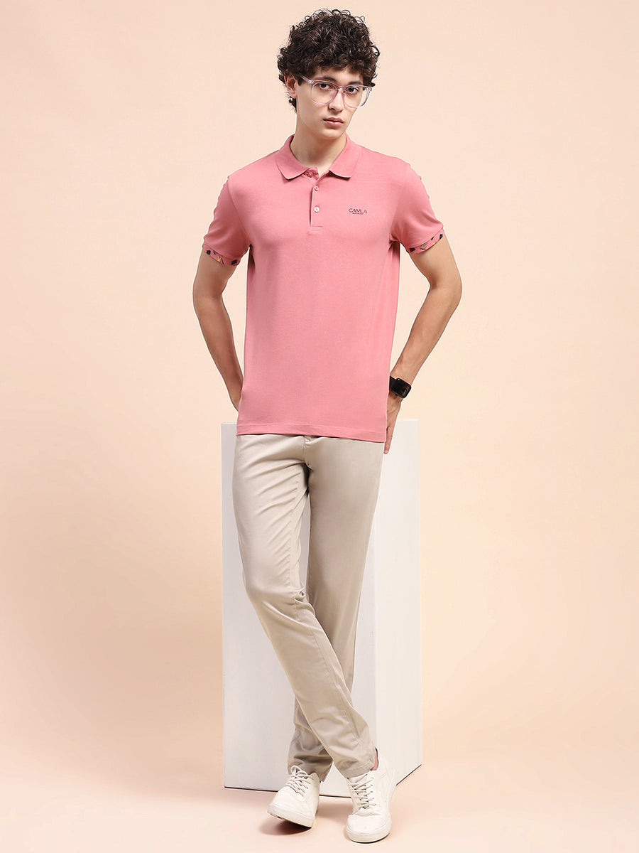 Camla Barcelona Solid Dusty Pink Polo Neck T-Shirt
