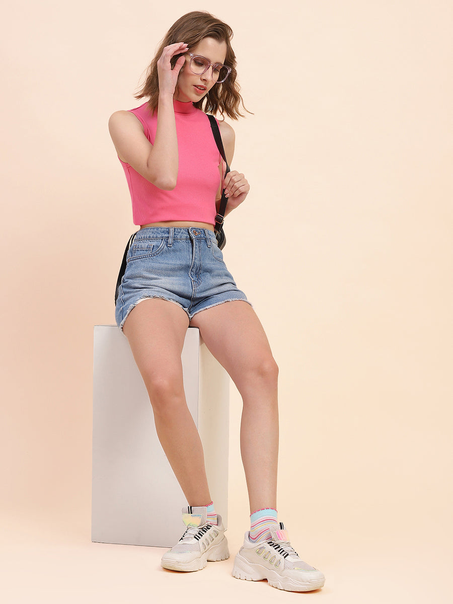 Camla Barcelona Mock Neck Pink Ribbed Top