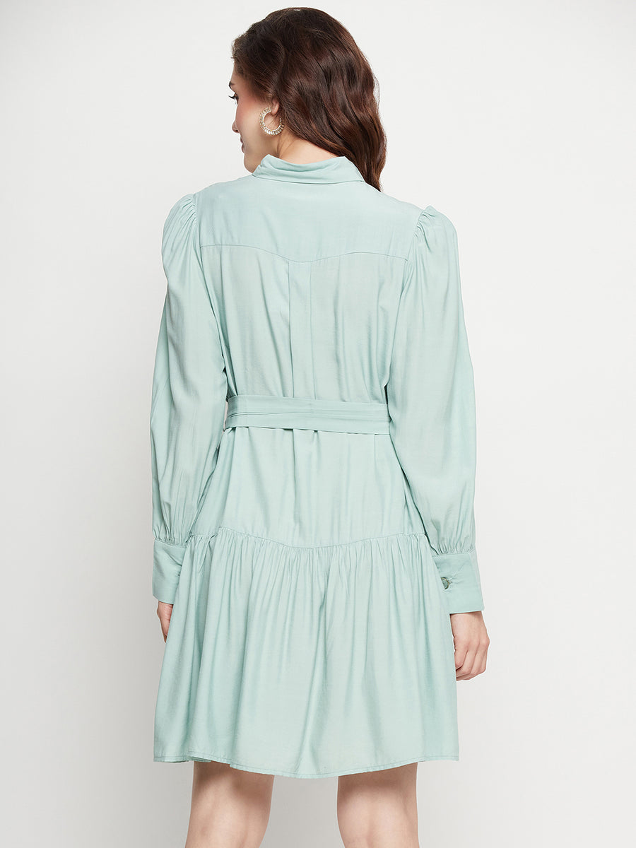 Camla Barcelona Belted Pista Green Mini Shirt Dress