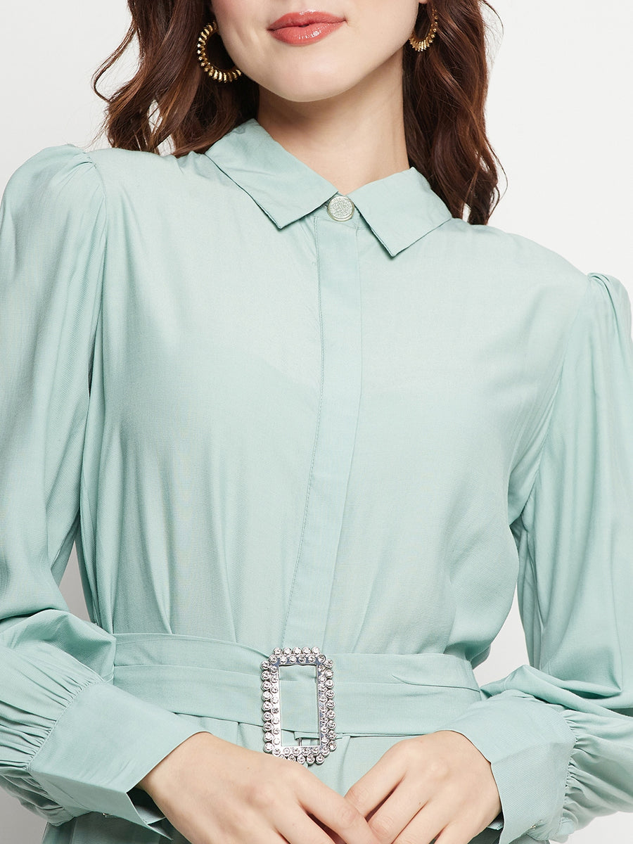 Camla Barcelona Belted Pista Green Mini Shirt Dress