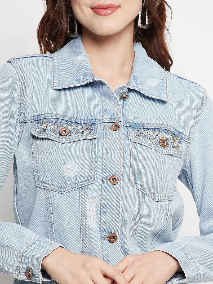 Camla Barcelona Solid Ice Blue Denim Jacket