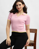 Madame Polo Neck Pink Ribbed T-shirt