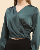 Camla Barcelona Embellished Cuffs Green Satin Top