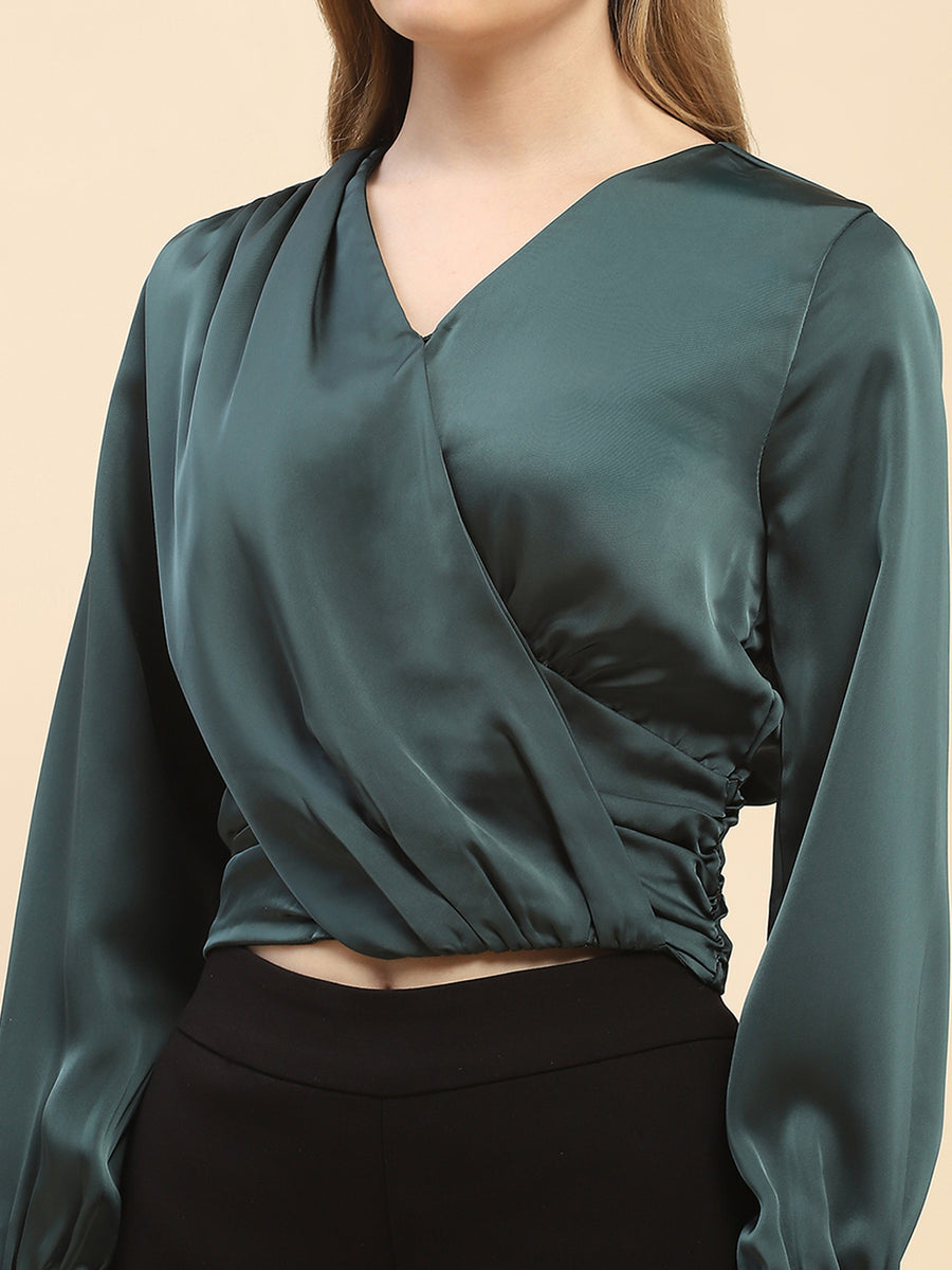 Camla Barcelona Embellished Cuffs Green Satin Top