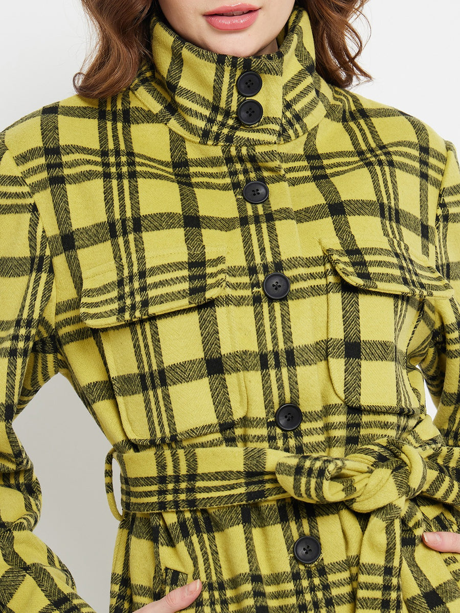 Madame Chequered Stand Collar Yellow Shacket