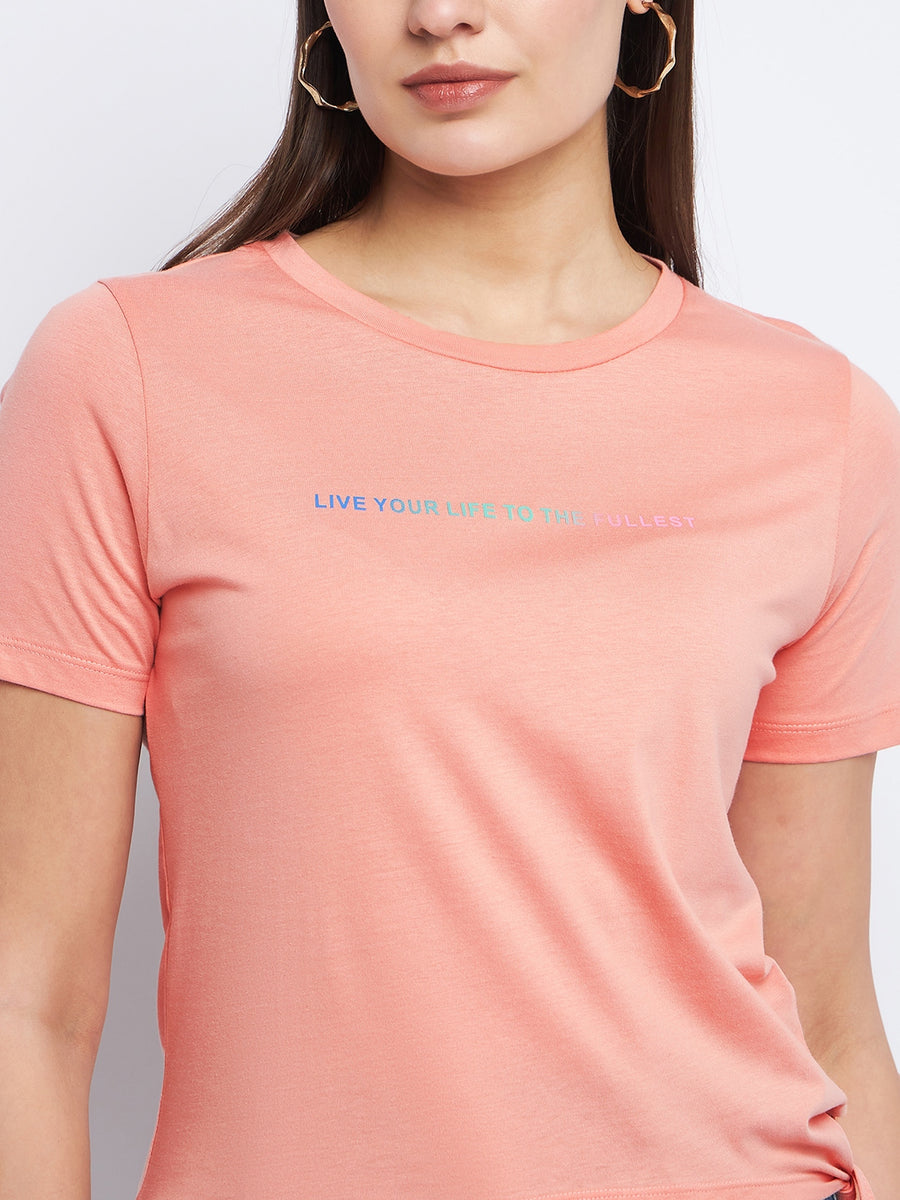 Madame Typography Peach Side Knotted Top