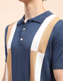 Camla Barcelona Colour Blocked Navy Blue Polo Neck T-Shirt