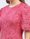 Madame Puff Sleeve Pink Lace A-Line Dress