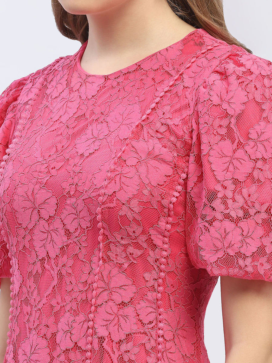 Madame Puff Sleeve Pink Lace A-Line Dress