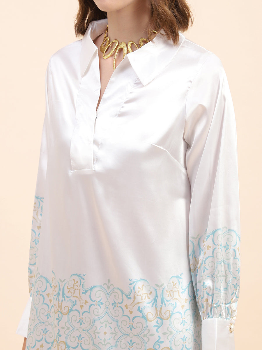 Camla Barcelona Printed Hem & Sleeve Off-White Dress