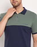 Camla Barcelona Navy Blue and Green Colourblocked Polo Neck T-shirt