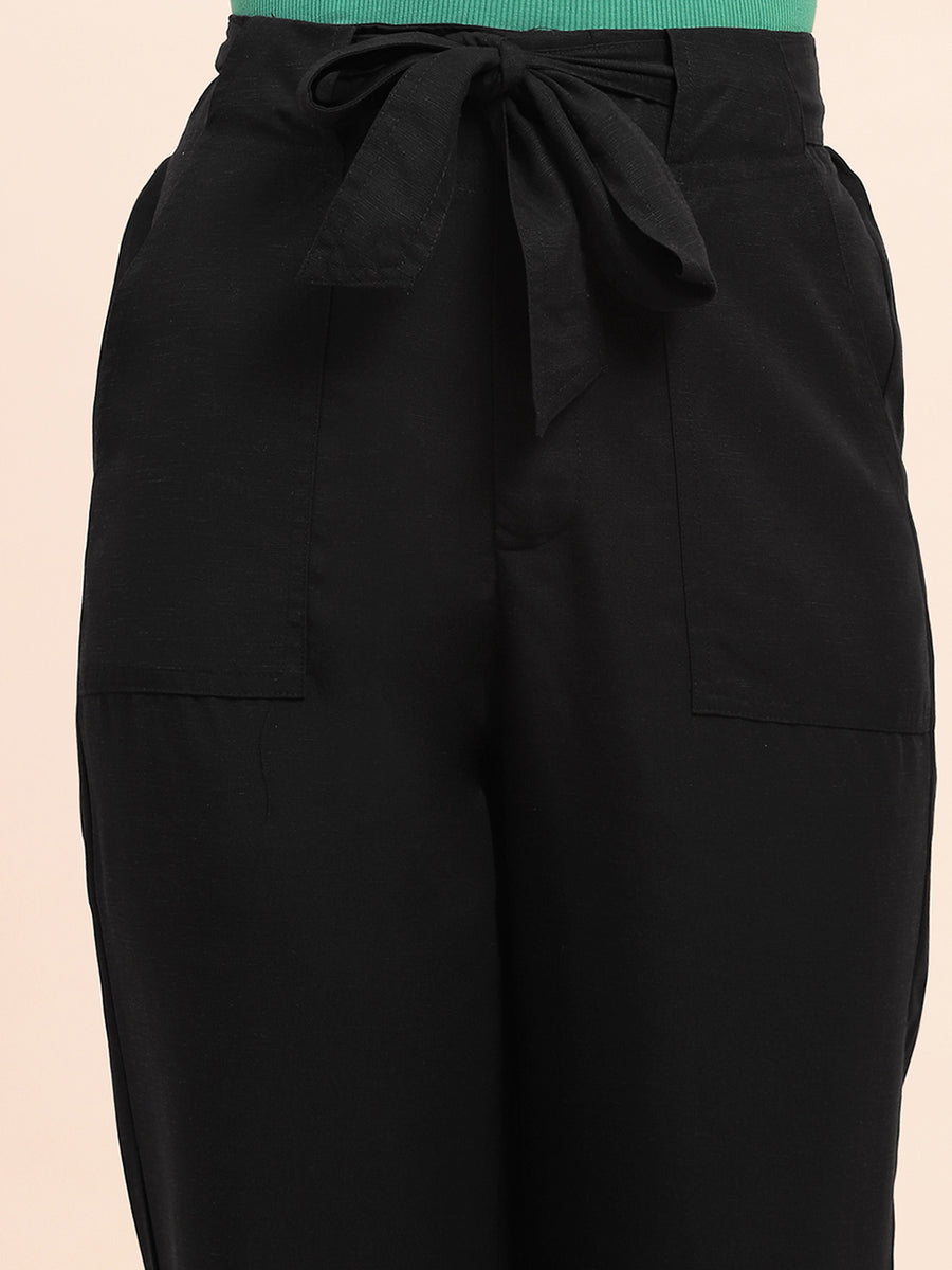 Camla Barcelona  Belted Waist Black Solid Trousers