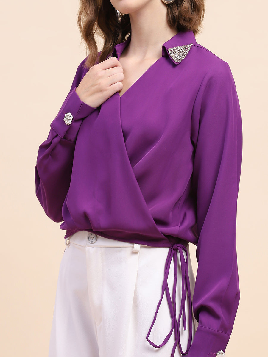 Camla Barcelona Surplice Neck Purple Drawstring Top