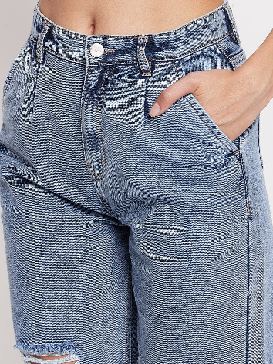 Madame High-Distressed Calf-Length Slim Light Blue Jeans