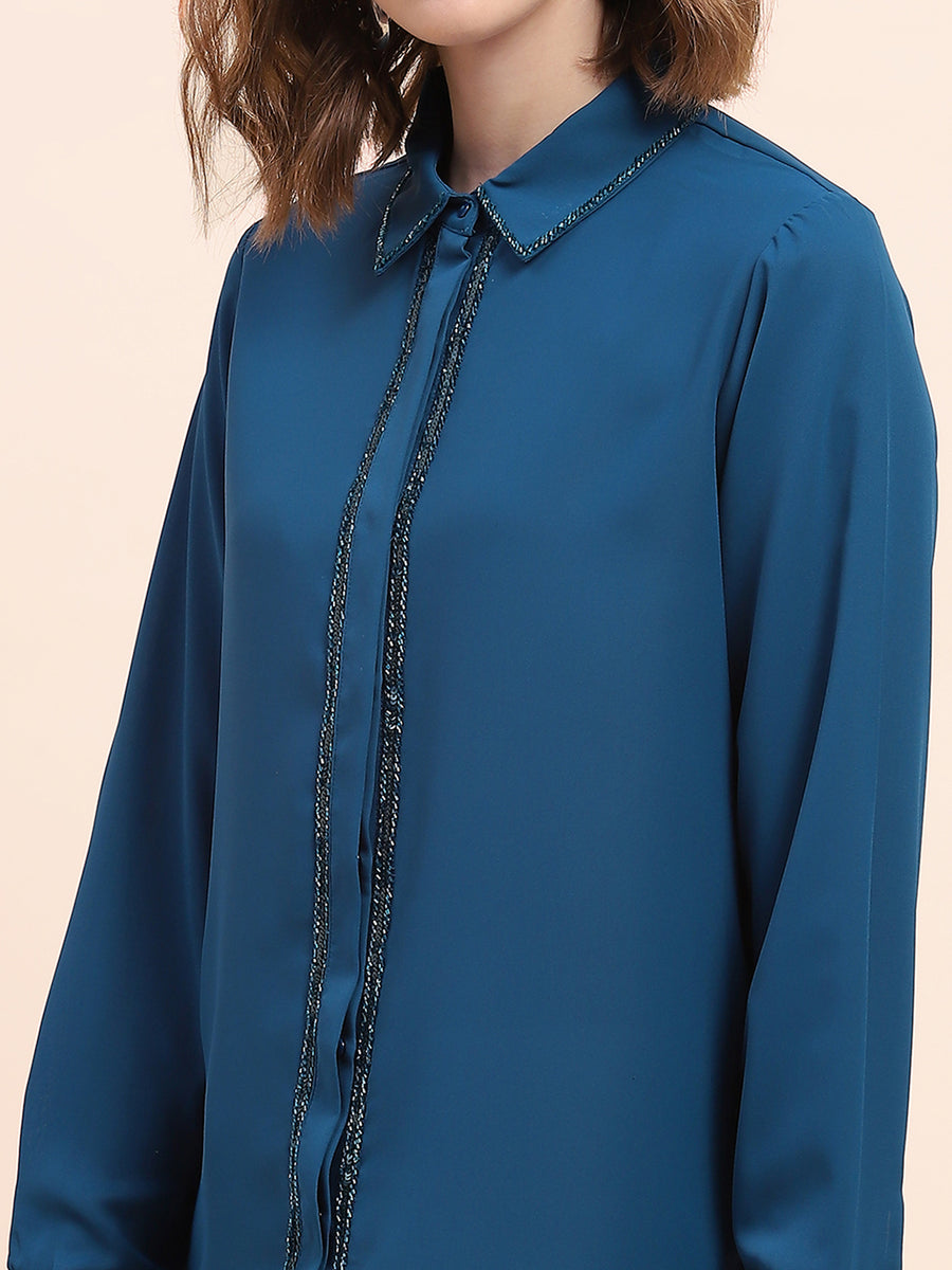 Camla Barcelona Embellished Marinetal Teal Regular Shirt