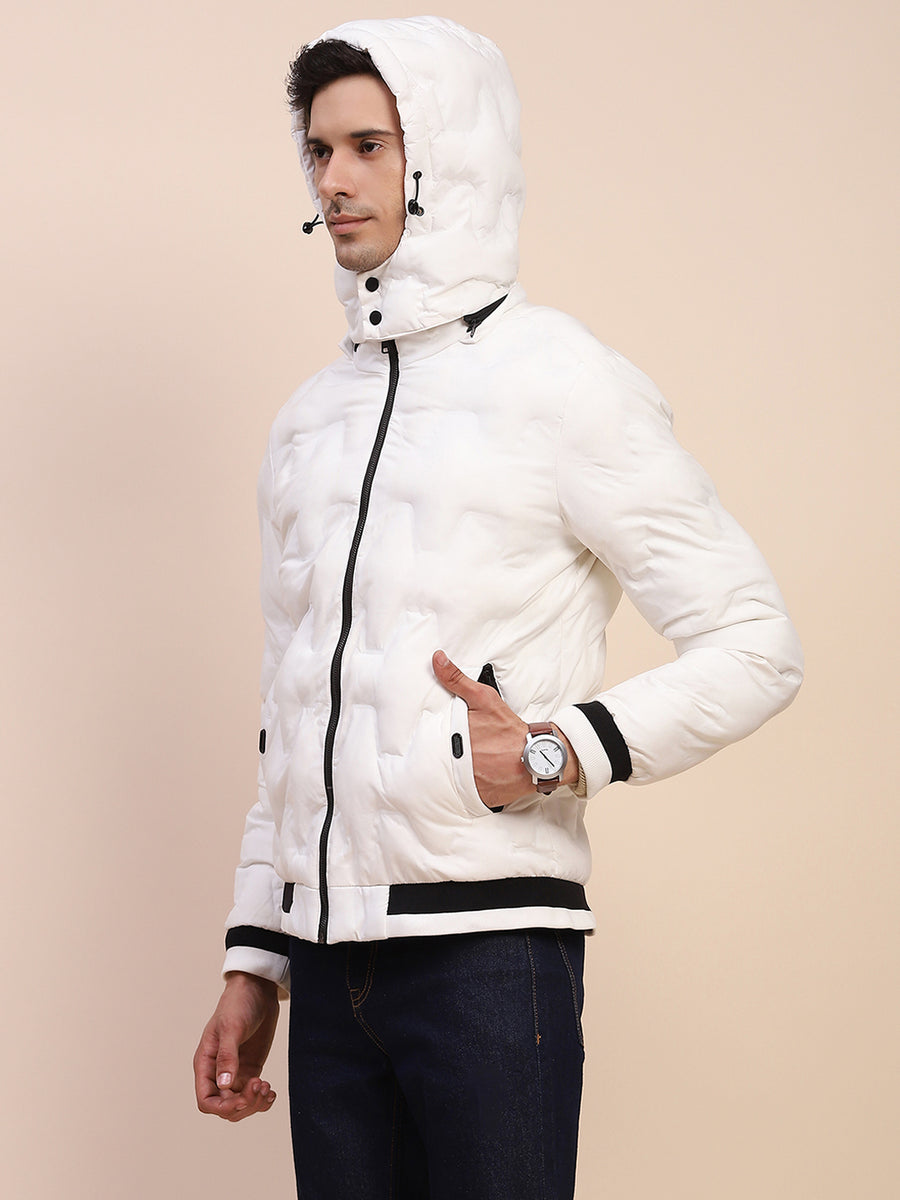 Camla Barcelona Puffed Textured White Zipped Jacket