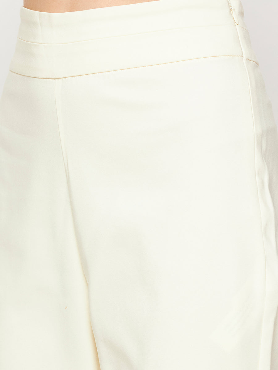 Camla Barcelona Elasticated Flared Solid Off White Trouser For Women