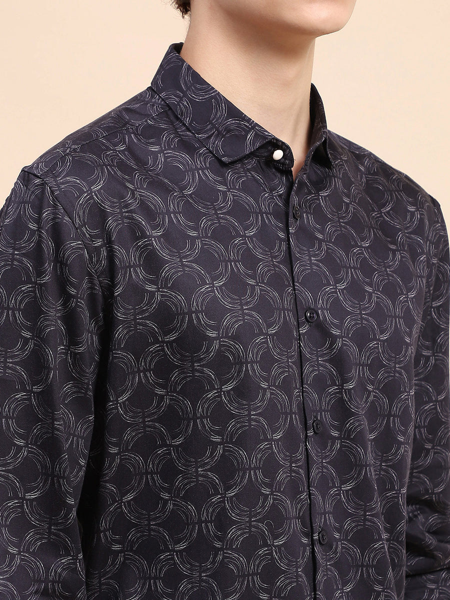 Camla Barcelona Printed Navy Blue Button Down Shirt