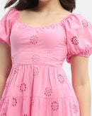 Madame Shanaya Kapoor Schiffli Pink Sweetheart Neck Dress