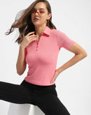 Madame Solid Pink Polo Neck T-shirt