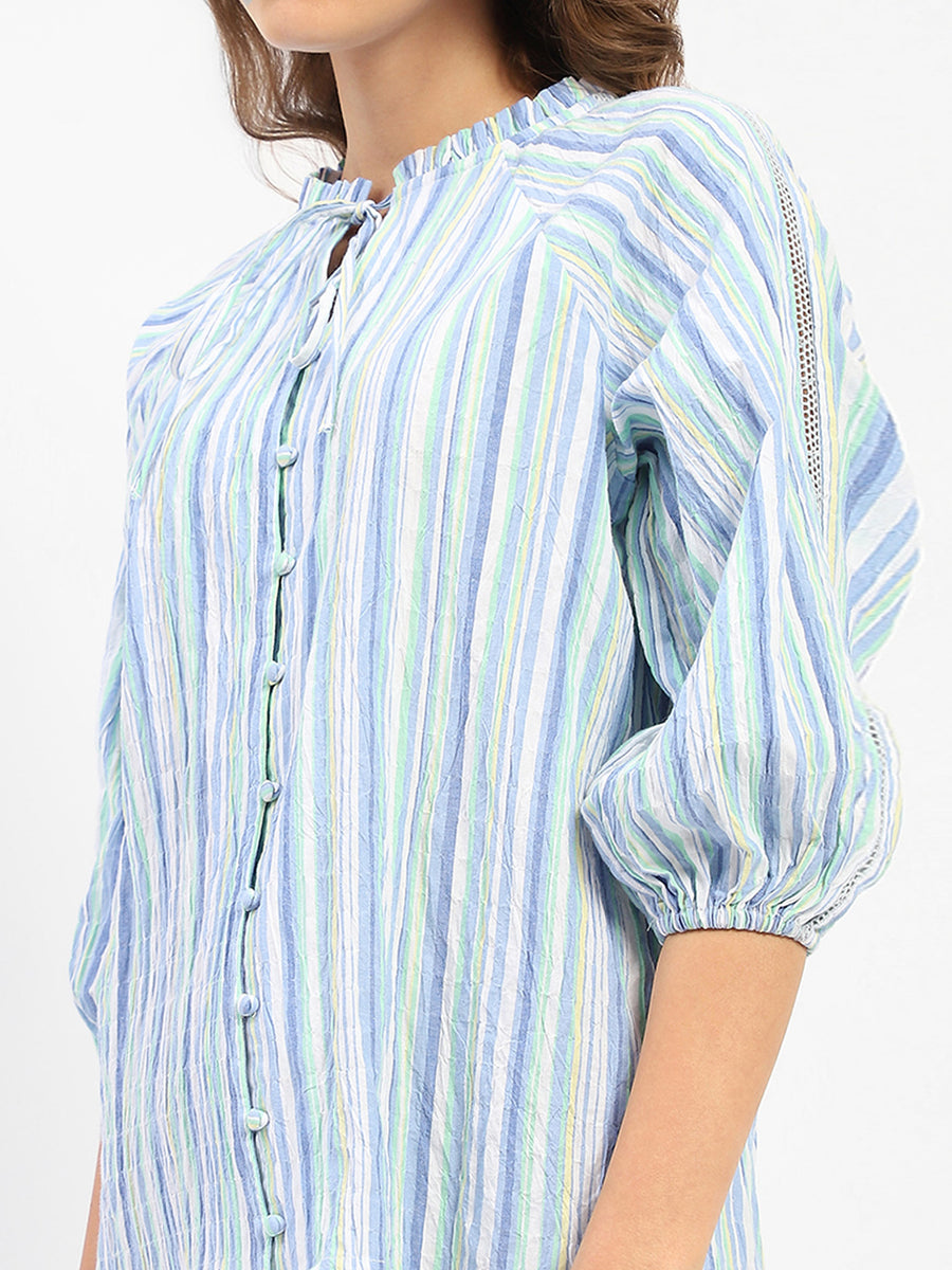 Madame Striped Sky Blue Raglan Sleeve Shirt