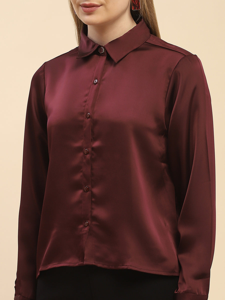 Camla Barcelona Solid Maroon Satin Shirt