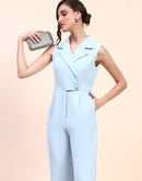 Camla Barcelona Notch Lapel Gurkha Belted Sky Blue Jumpsuit