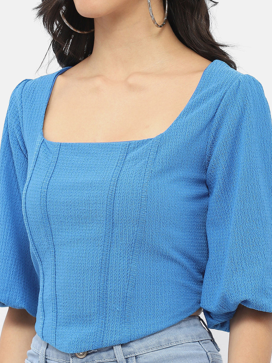 Madame Corset Inspired Royal Blue Puff Sleeve Top