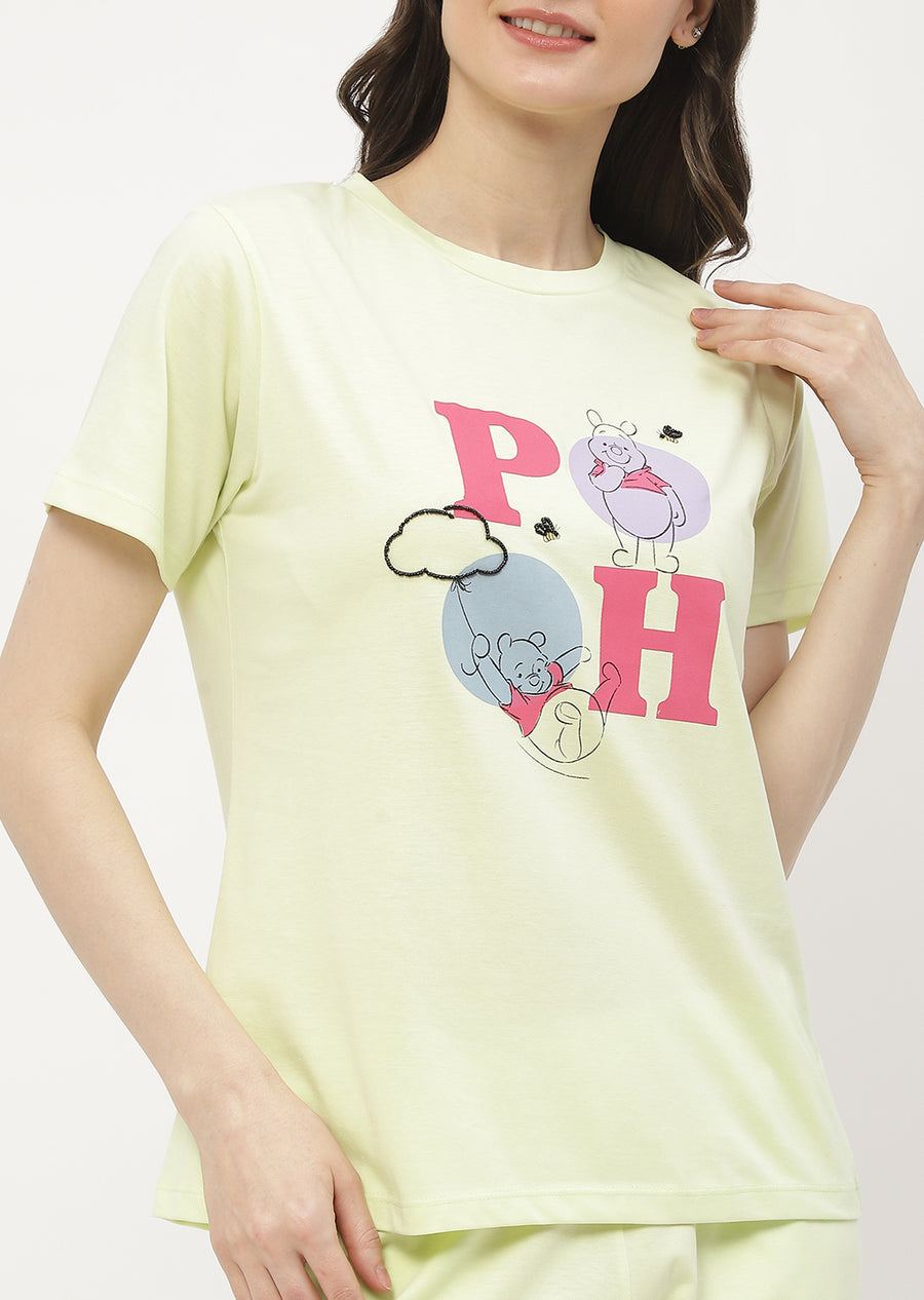 Msecret Disney Pooh Printed T-shirt with Pajama Neon Night Suit