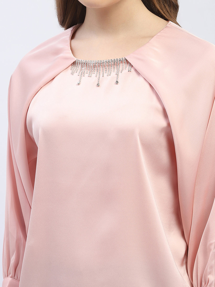 Madame Rhinestone Embellished Baby Pink Raglan Style Sleeve Top