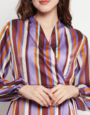 Camla Barcelona Striped Waist Belted Purple Wrap Dress