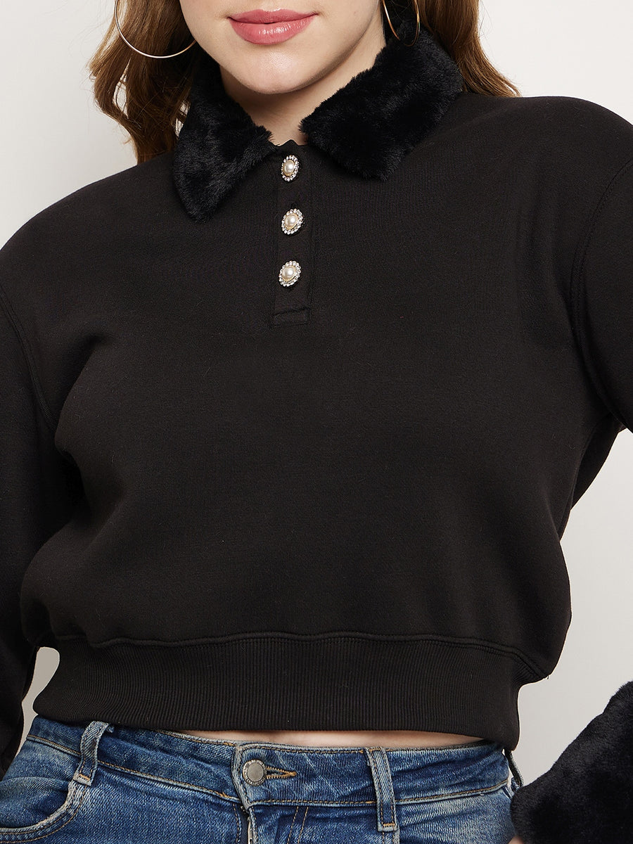 Madame Black Faux Fur Collared Crop Sweatshirt