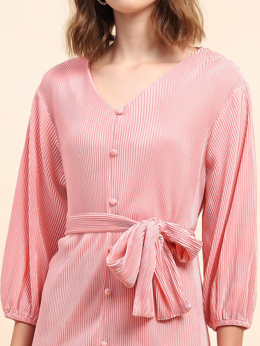 Camla Barcelona Tie-Waistband Dusty Pink Dress With Lettuce Hem