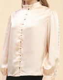 Camla Barcelona Embellished Beige Satin Top