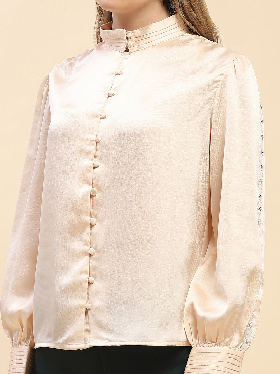 Camla Barcelona Embellished Beige Satin Top