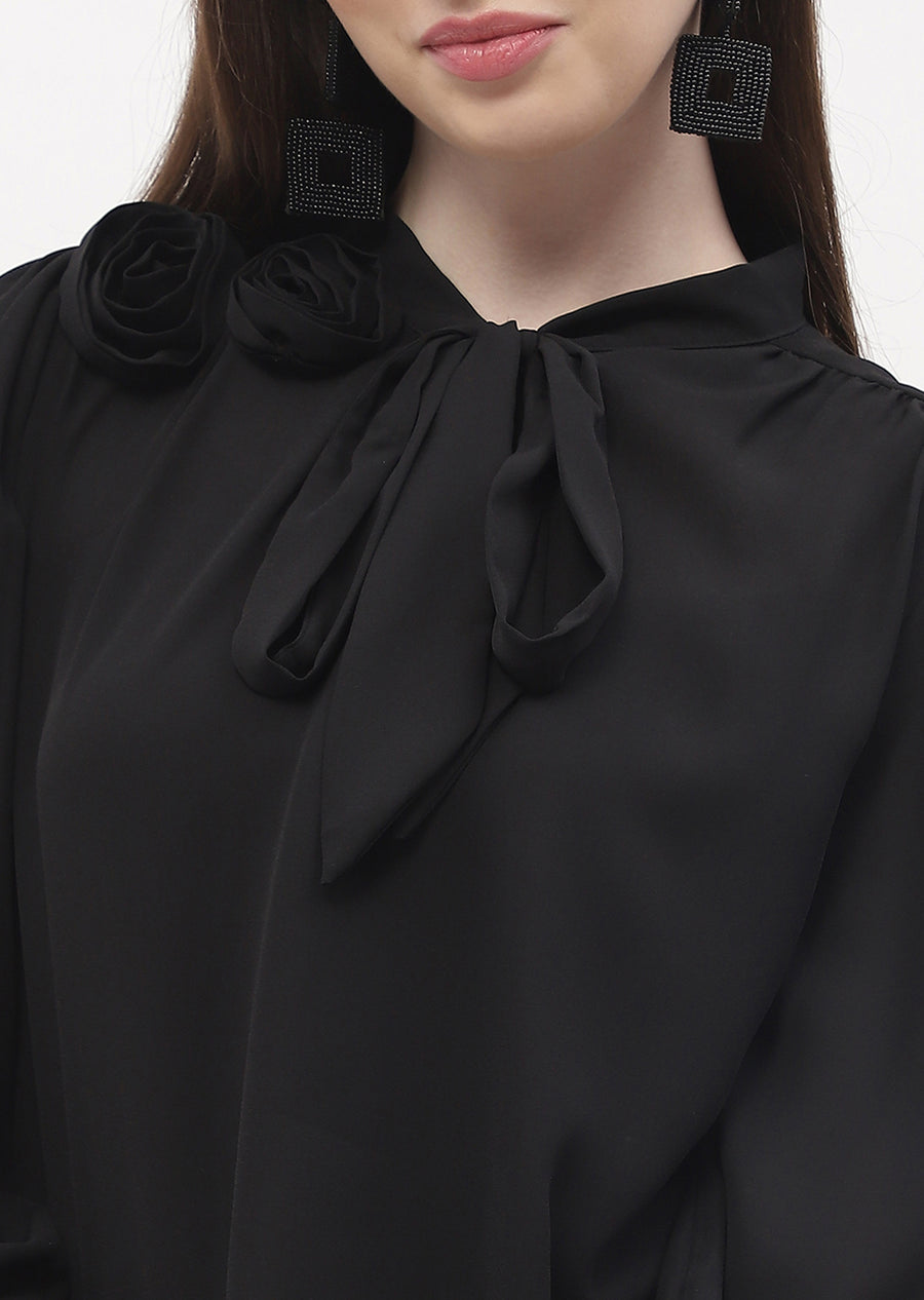 Madame Applique Adorned Black Poet Sleeve Top