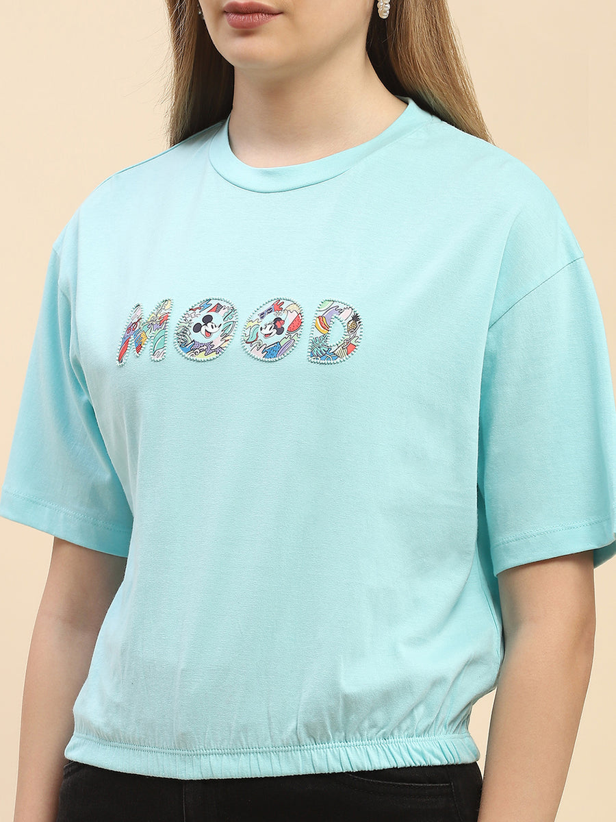 Camla Barcelona Embellished Typography Sky Blue Elasticated Waist T-Shrit