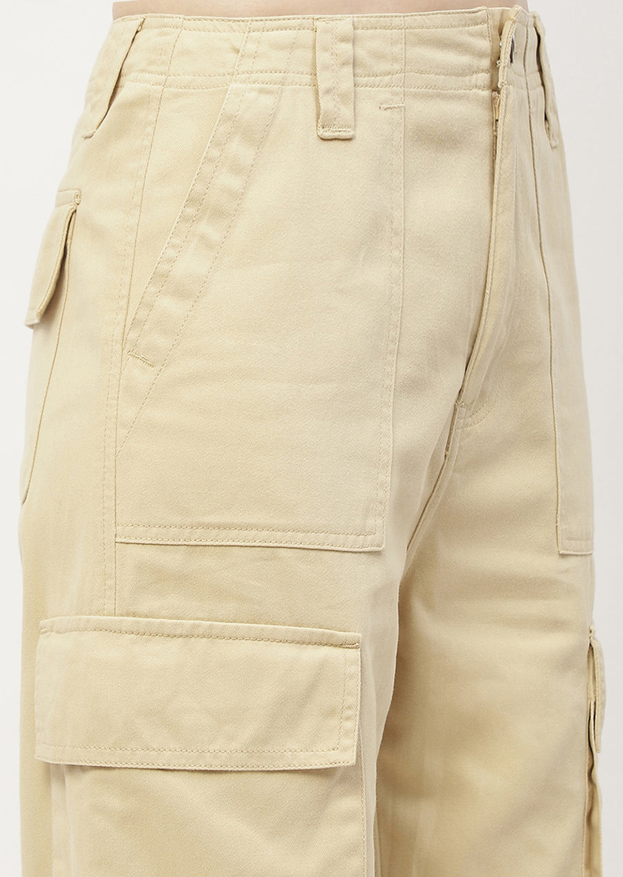 Madame Solid Beige Cargo Jeans